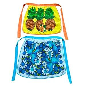 2 ~ Vintage Terry Cloth 70’s Aprons Orange Pineapples & Blue Butterfly Floral